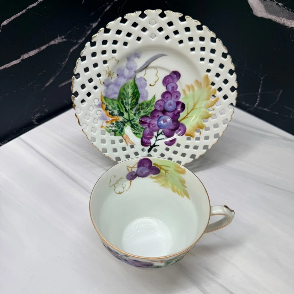 Hand Painted Porcelain Grape Tea Cup and Saucer Set NW-C102A Reticulated Lattice